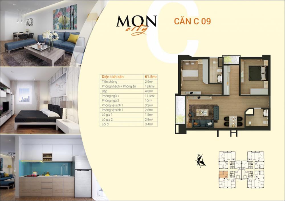 Bán căn hộ chung cư HD Mon City căn 10 tòa CT1A, 61.5m2, giá bán 30tr/m2, view hồ điều hòa 3213732