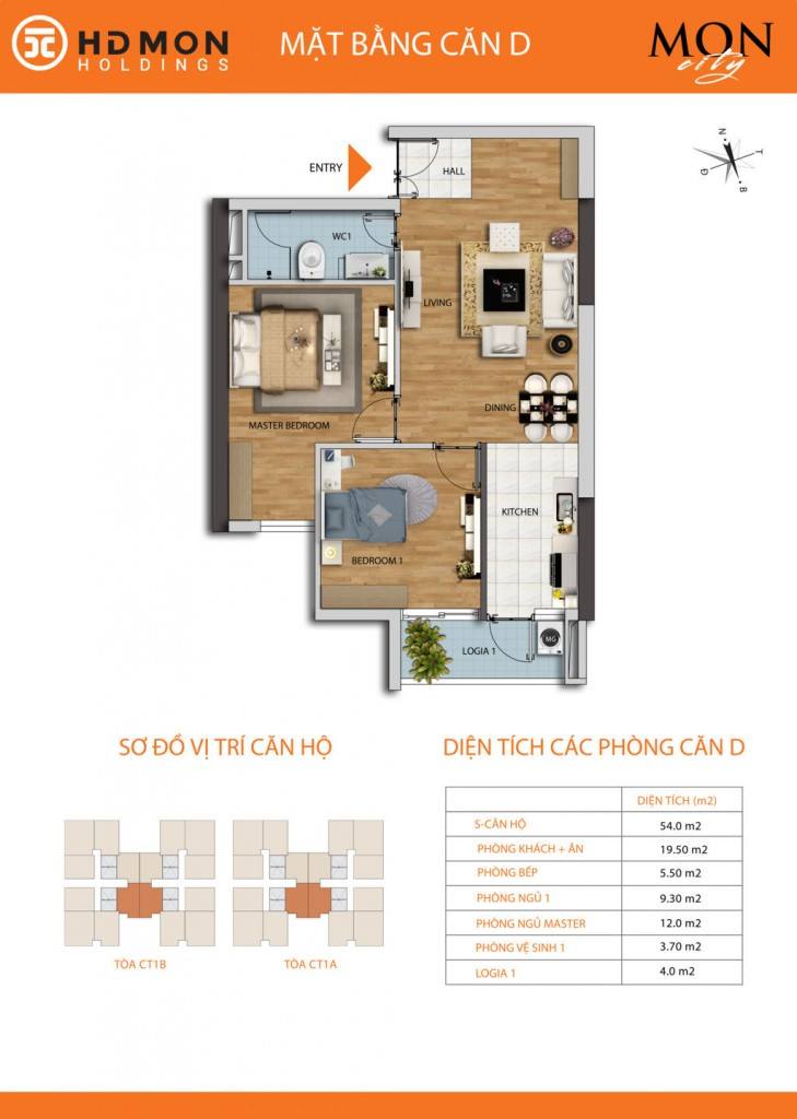 Gia đình cần bán căn hộ chung cư 04 tòa CT1- B  Mon City diện tích 54 m2 / 2PN ban công ĐN . 3715459