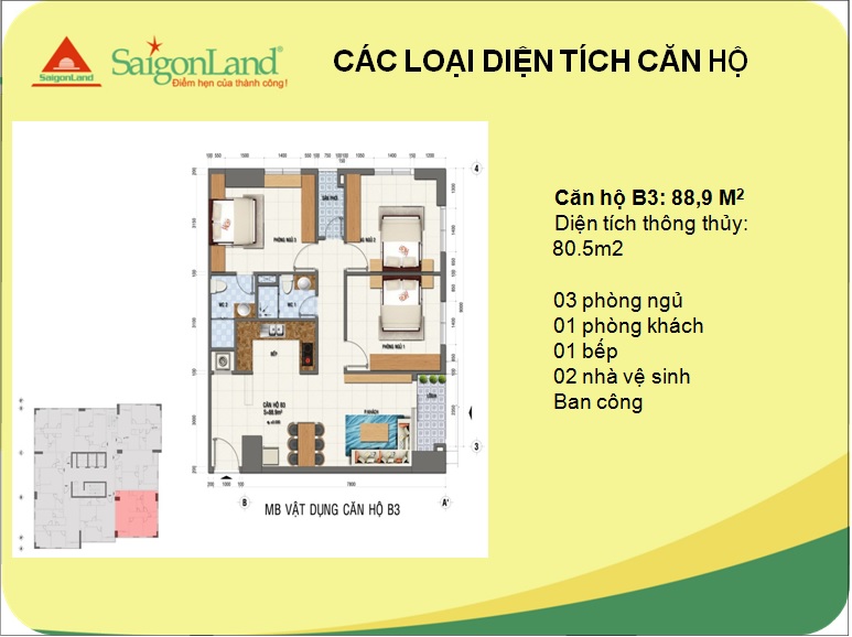 Bán CH SaigonLand Apartment quận Bình Thạnh, DT 89m2. Giá 2.289 tỷ 3950541
