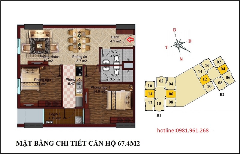 Bán căn số 06 tầng 20 chung cư B1 B2 Tây Nam Linh Đàm, 67,4m2, 2 phòng ngủ đẹp, hướng Nam 4928818
