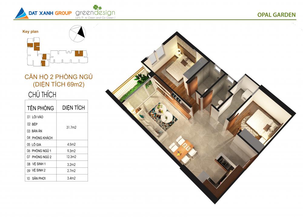 Bán căn hộ Block B tầng 3 dự án Opal Garden DT 69,5m2. Thiết kế 2PN/ 2WC cách Phạm Văn Đồng 50m 6961702