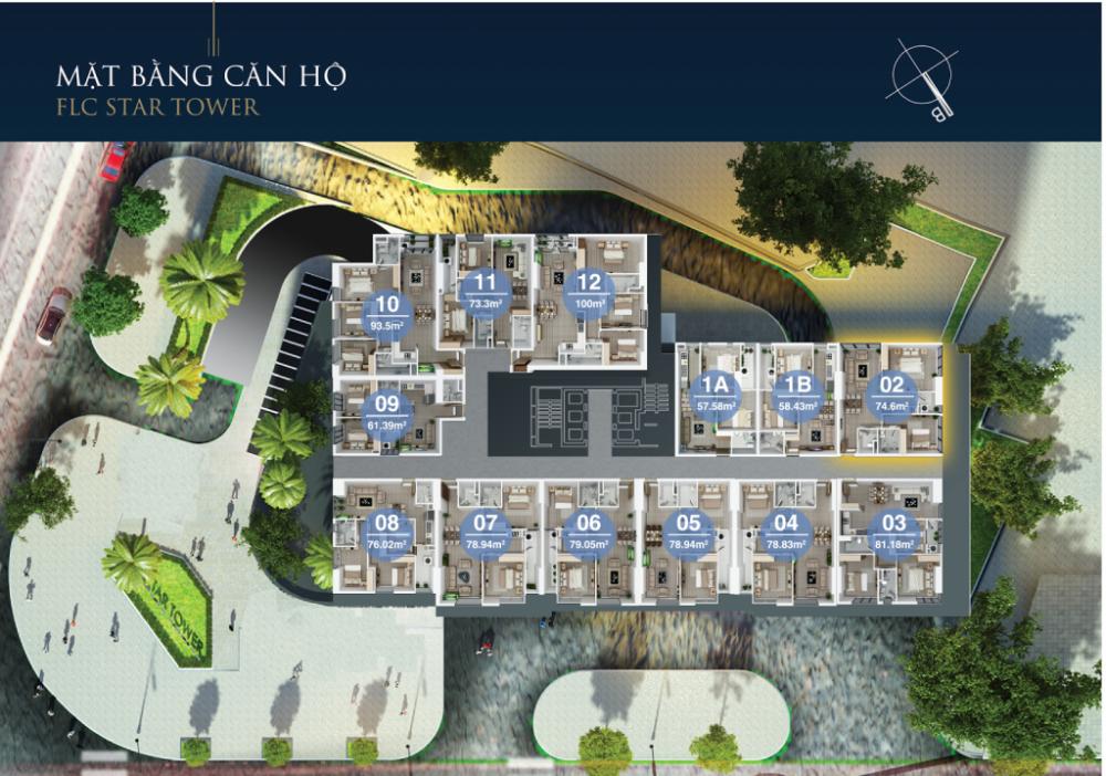 CC bán CHCC FLC Star Tower 418 Quang Trung, căn tầng 1608 DT 76.02m2 giá 19tr/m2, LH 0989540020 7154293