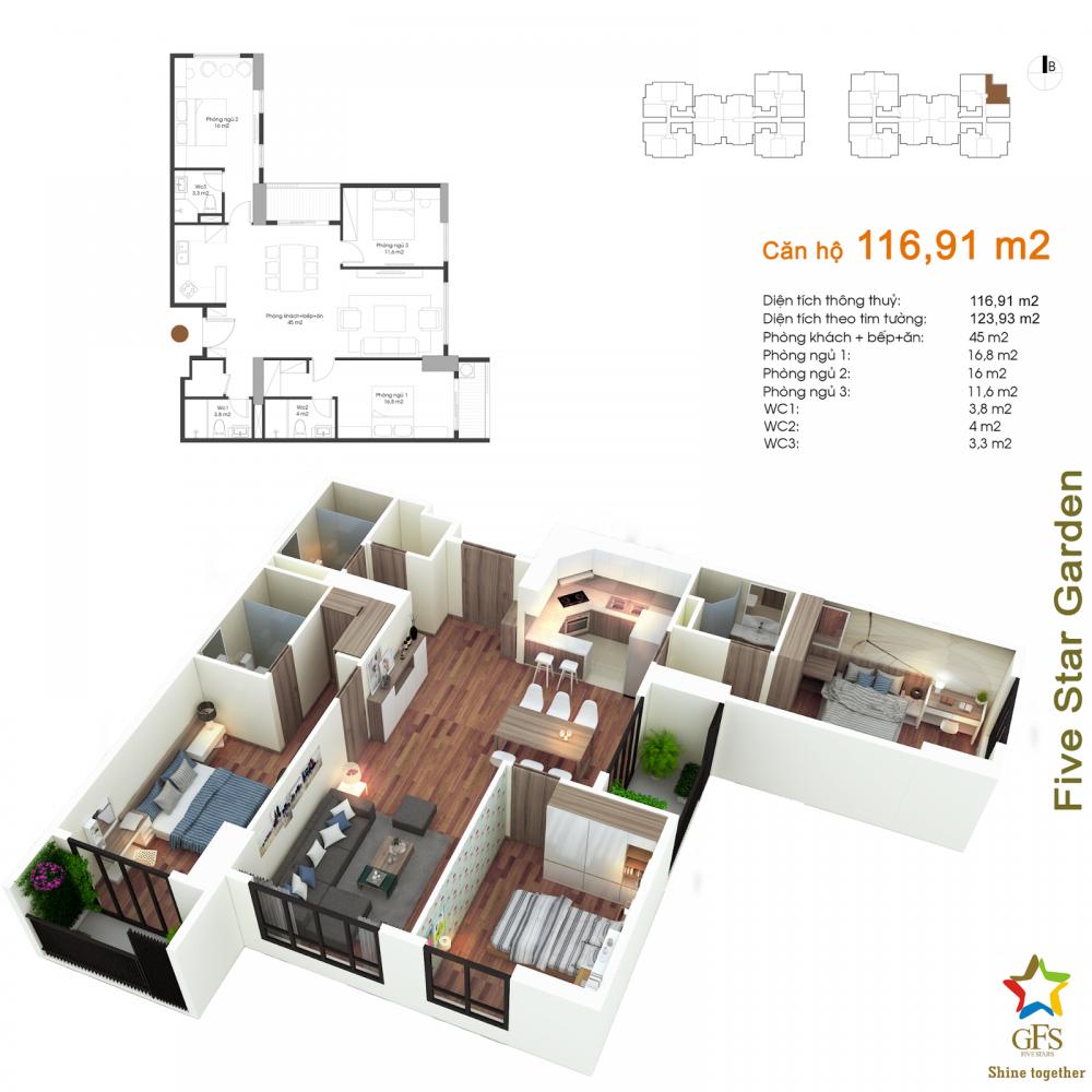Cần bán căn 10 tòa G5, S= 117m2, căn góc 3PN đẹp nhất chung cư Five Star Kim Giang 7242996