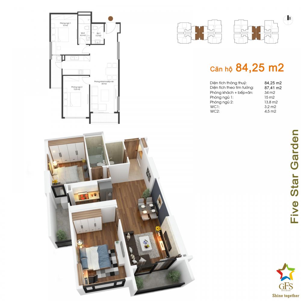 Cần bán căn 03 tòa G5 chung cư Five Star Kim Giang, diện tích 84.25m2, 2PN, giá 23 tr/m2 có gia lộc 7496042
