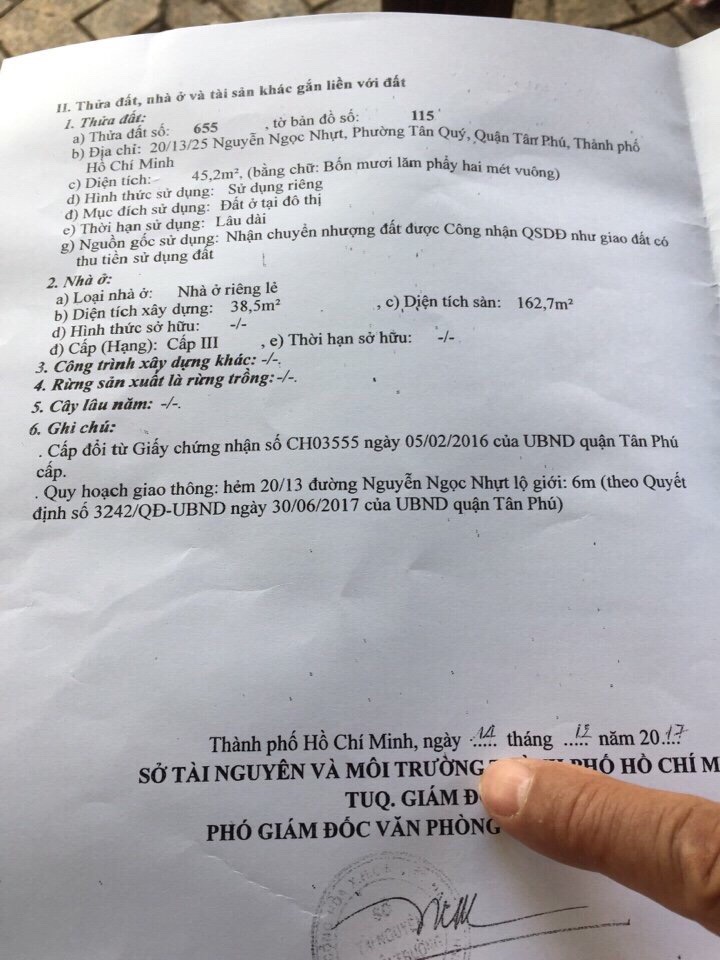 Bán nhà 20/13/25 Nguyễn Ngọc Nhựt, Tân Phú, Tp. HCM, 3 lầu, giá 4,2 tỷ 9224396