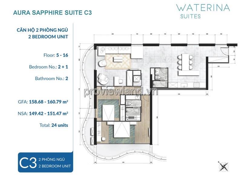 Căn hộ Waterina Suites Quận 2 bán, diện tích 169m2, tầng 5, 2PN 9308384