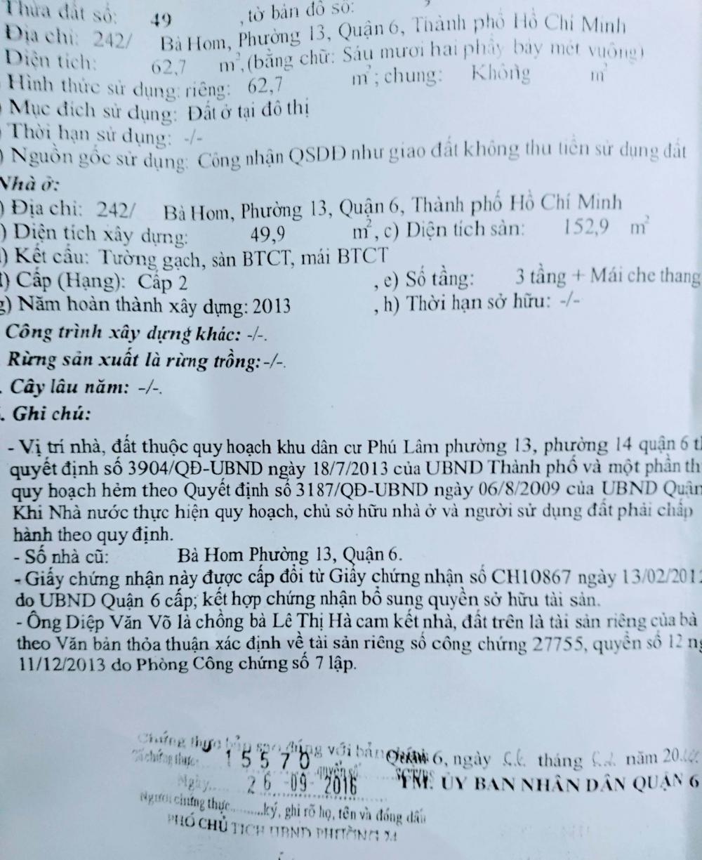 Bán gấp nhà 1 lầu, hẻm 242 đường Bà Hom, Quận 6 9502900