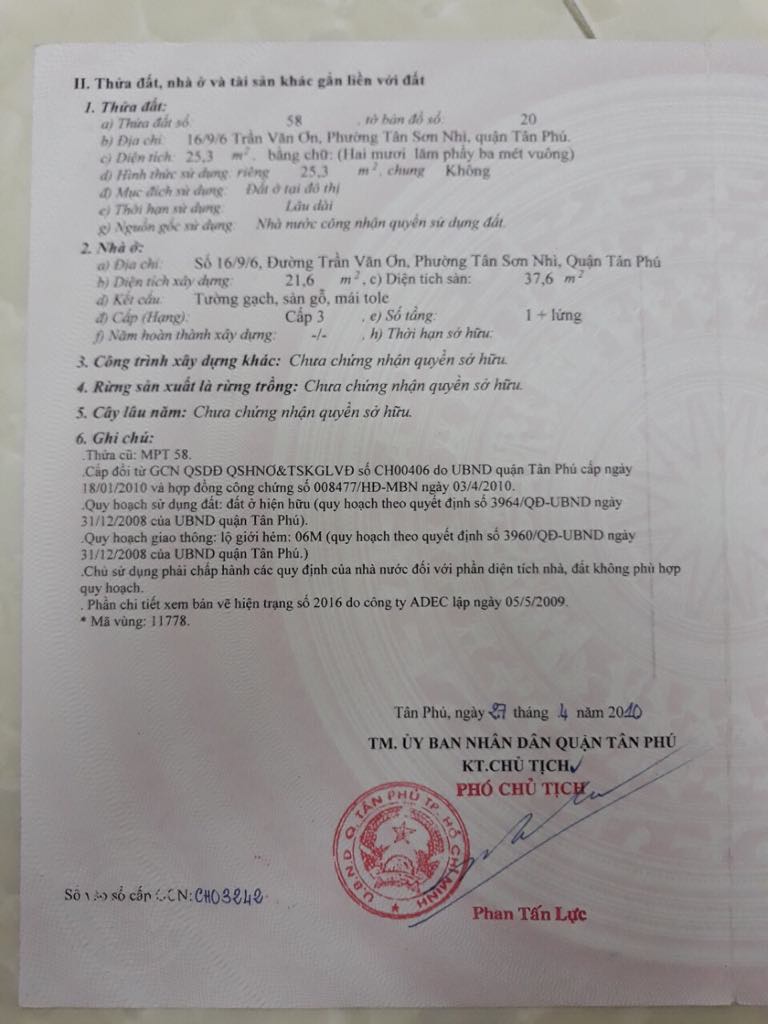 Bán nhà riêng tại 16/6/9 đường Trần Văn Ơn, Phường Tân Sơn Nhì, Tân Phú, DT 26m2 giá 2390 triệu 9683016