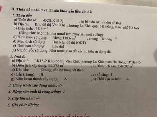 Chính chủ cần bán nhà liền kề 15 (LK15.2) dự án KĐT Văn Khê, Hà Đông, Hà Nội 9674132