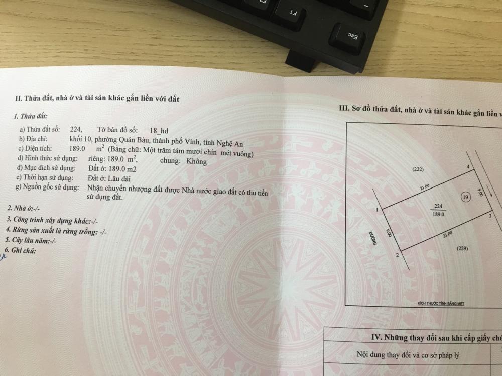 Chính chủ bán lô đất đẹp giá rẻ khối 10 phường Quán Bàu, TP Vinh 9662699