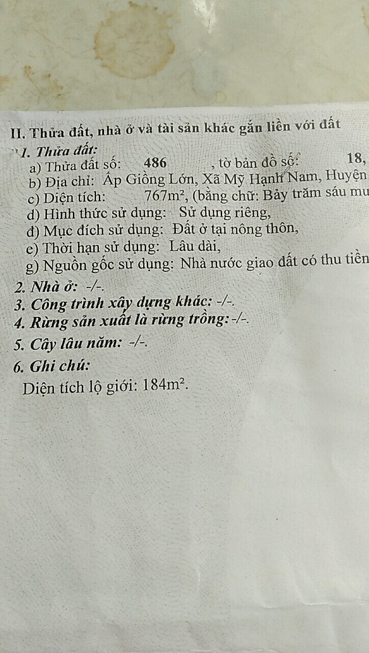 Kẹt tiền bán 1800m2 đất lúa có 767m thổ cư giá 4ty2 Mỹ Hạnh Nam Đức Hòa
 10535461