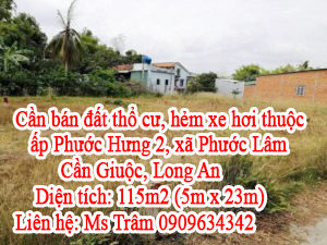Cần bán đất thổ cư, hẻm xe hơi thuộc ấp Phước Hưng 2, xã Phước Lâm, Cần Giuộc, Long An. 10593056