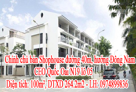 Chính chủ bán Shophouse đường 40m, hướng Đông Nam CEO Quốc Oai N19 lô 05. 10613114