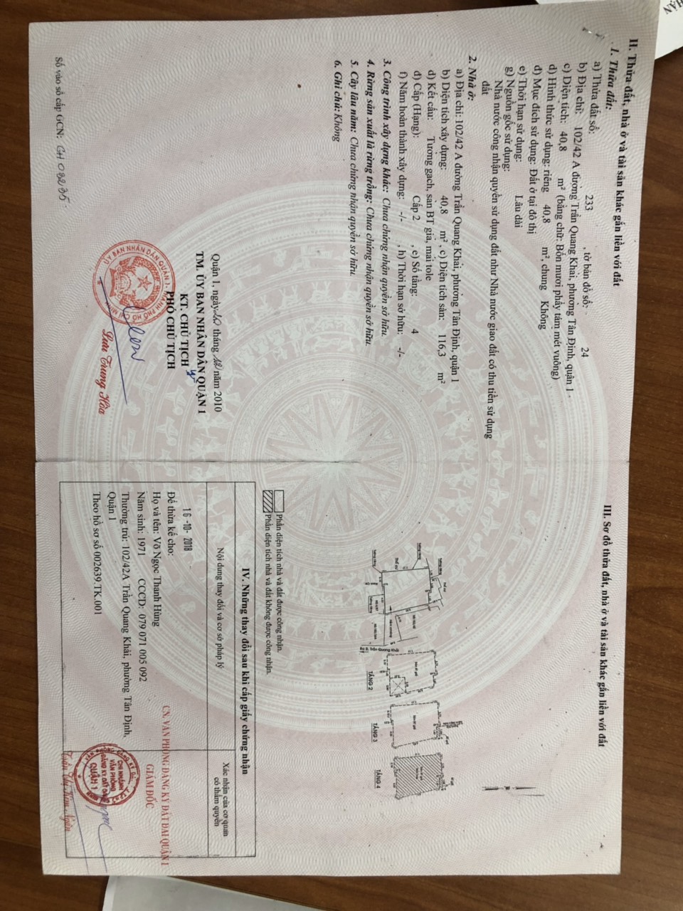 CẦN BÁN GẤP NHÀ  NGAY  TRUNG TÂM Q1 , TRẦN QUANG KHẢI , P TÂN ĐỊNH, TPHCM 10744385