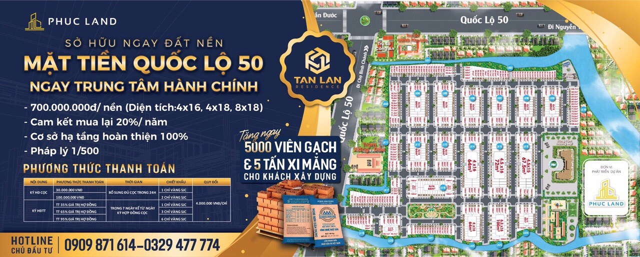 Còn 2 lô góc mặt tiền Quốc Lộ 50 giá ưu đãi - Khu đô thị 5* Tân Lân Residence
 10789903