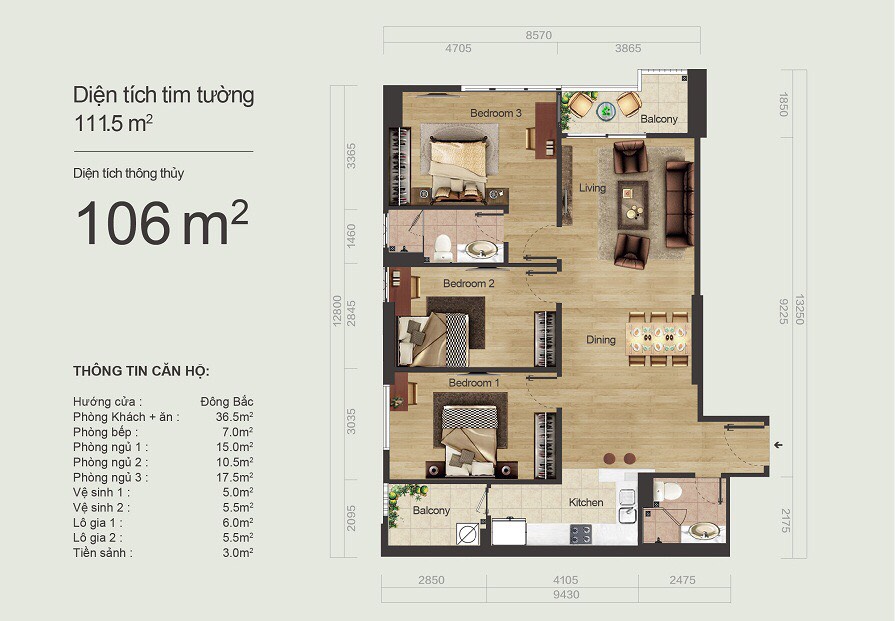 Bán căn hộ 3 phòng ngủ, 105,5m2 (thông thủy) tại dự án The Legend 109 nguyễn tuân, tầng trung, 10818861