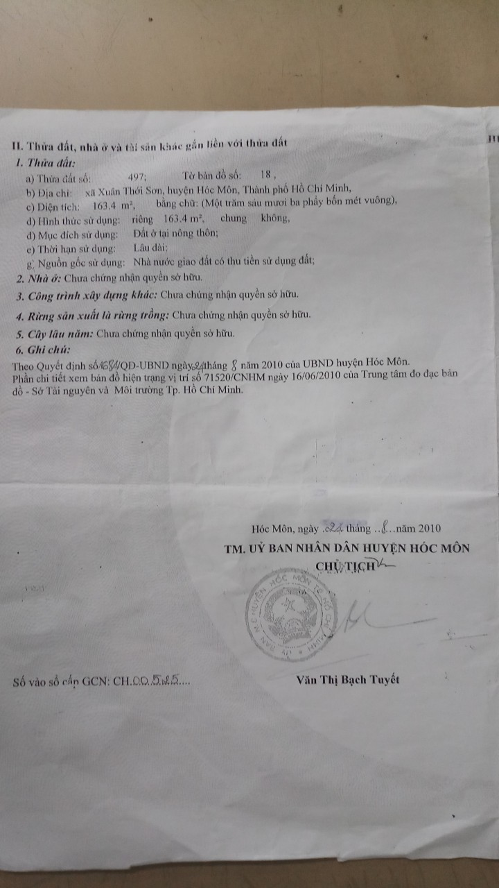 CHÍNH CHỦ CẦN BÁN LÔ ĐẤT - XÃ XUÂN THỚI THƯỢNG - HUYỆN HÓC MÔN - TP HỒ CHÍ MINH 10840948