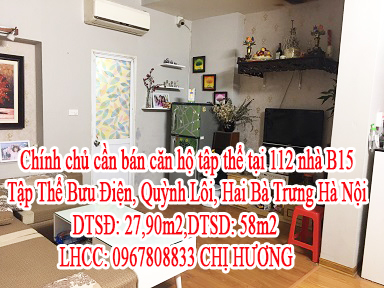 Chính chủ cần bán căn hộ tập thể tại 112 nhà B15 Tập Thể Bưu Điện, Quỳnh Lôi, Hai Bà Trưng Hà Nội. 10852442