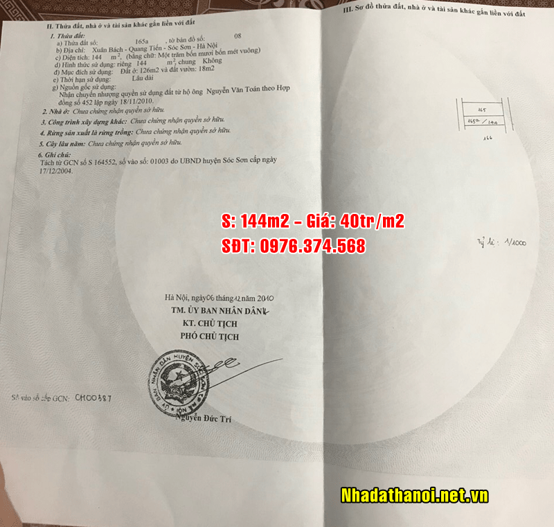 Chính chủ bán đất tại thôn Xuân Bách, Xã Quang Tiến, Sóc Sơn, Hà Nội 10987770