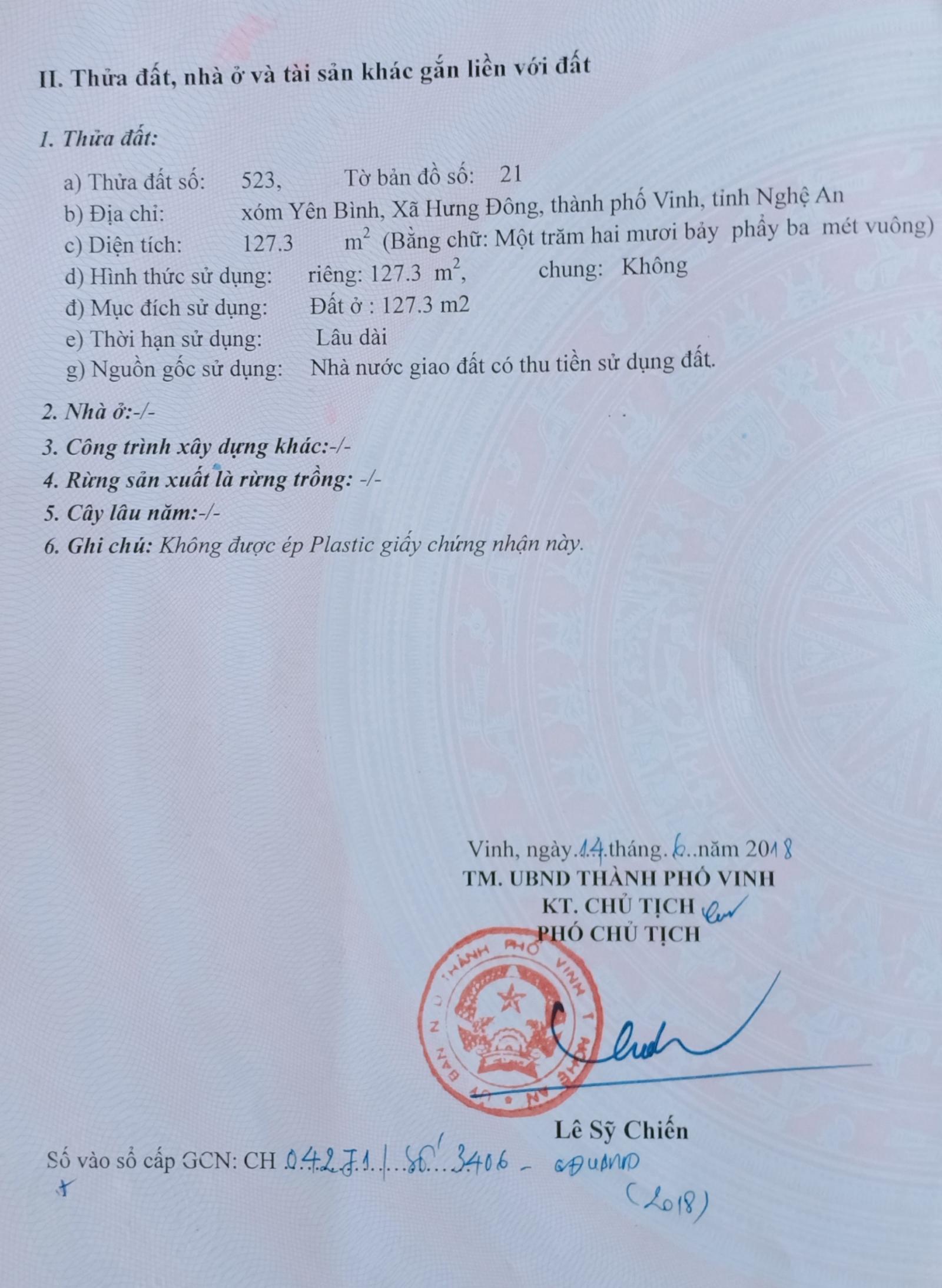 CHÍNH CHỦ CẦN BÁN LÔ ĐẤT ĐẸP TẠI XÓM YÊN BÌNH - XÃ HƯNG ĐÔNG - TP. VINH - TỈNH NGHỆ AN . 11015029