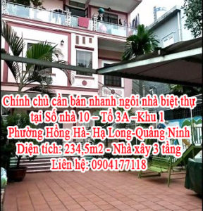 Chính chủ cần bán ngôi nhà biệt thự tại Số nhà 10 – Tổ 3A –Khu 1-Phường Hồng Hà- Hạ Long-Quảng Ninh. 11093104