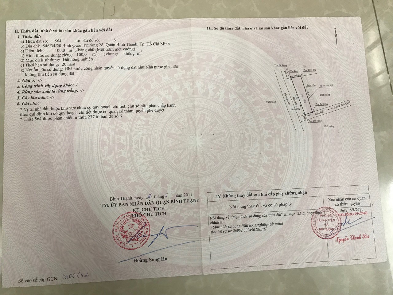 CHÍNH CHỦ BÁN NHANH LÔ ĐẤT DT 5X20 - TẠI 546/34/20 BÌNH QUỚI, P28, Q.BÌNH THẠNH - HH 2%. LHCC: 11258552