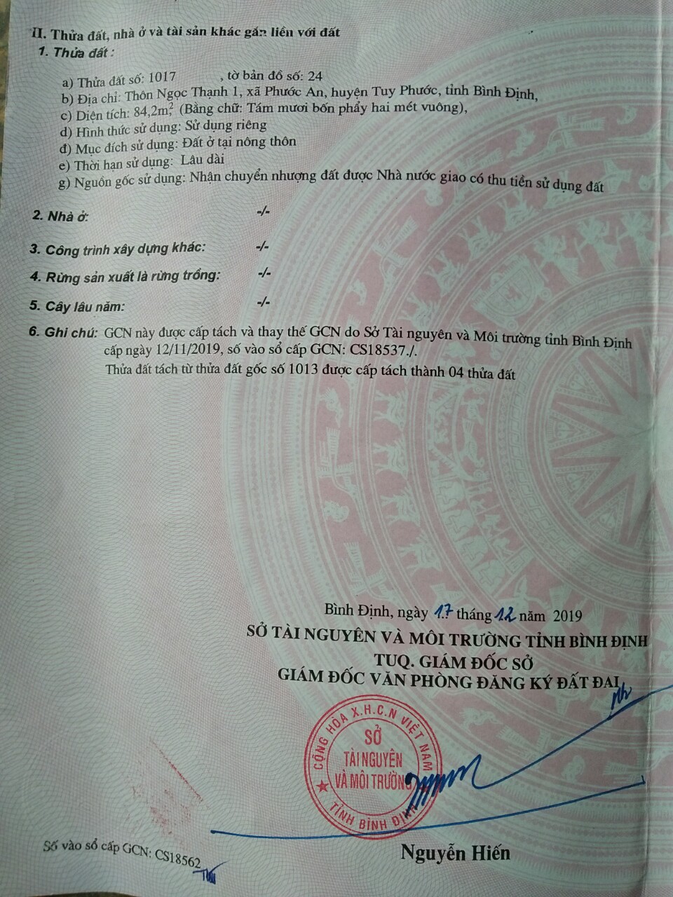 CHÍNH CHỦ CẦN BÁN LÔ ĐẤT ĐẸP TẠI THÔN NGỌC THẠNH 1 - PHƯỚC AN - HUYỆN.TUY PHƯỚC - TỈNH.BÌNH ĐỊNH . 11308002