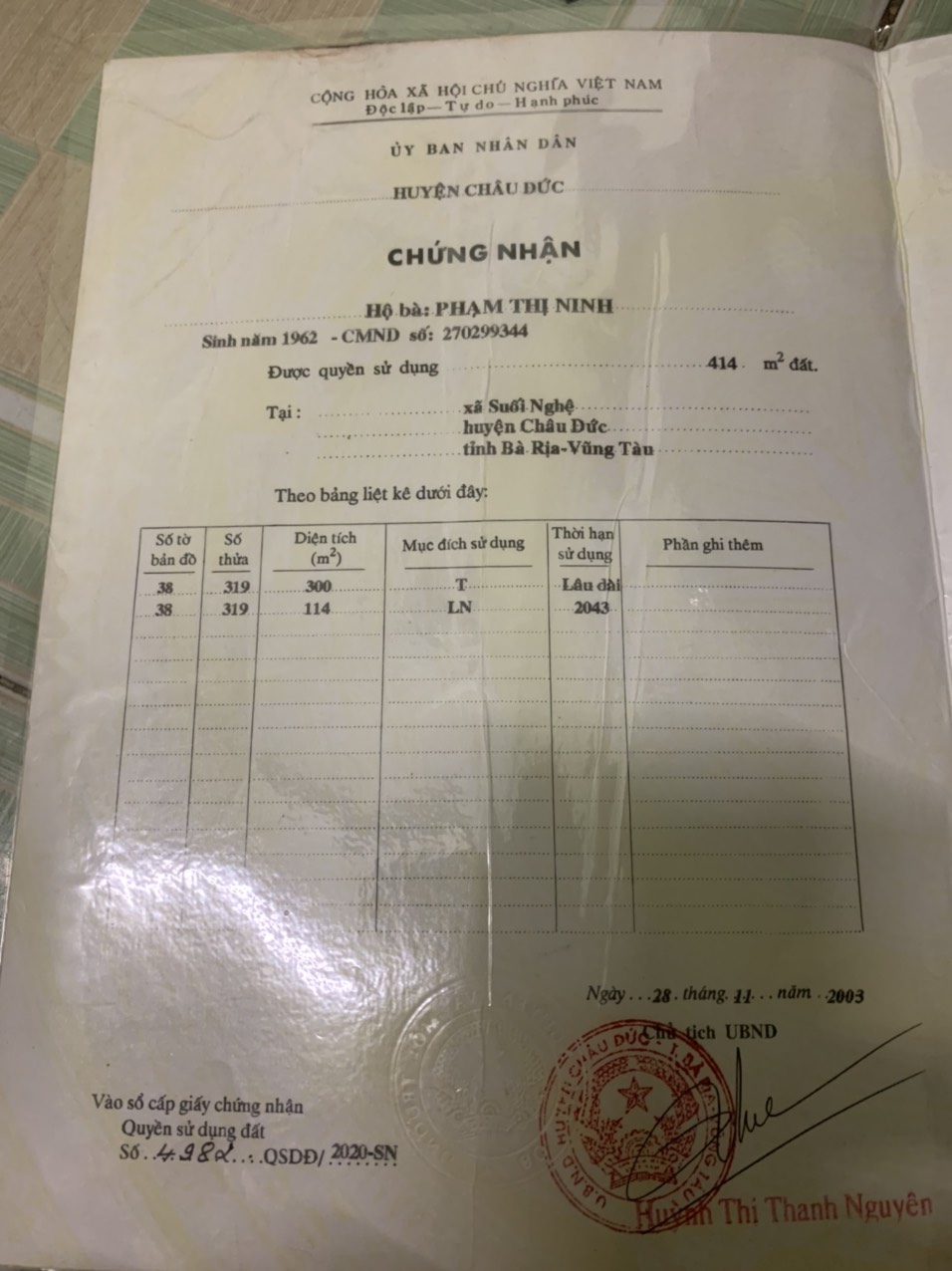 CẦN BÁN GẤP LÔ ĐẤT TẠI SỐ NHÀ 287 TỔ 12 - THÔN ĐỨC MỸ - XÃ SUỐI NGHỆ - HUYỆN CHÂU ĐỨC - TỈNH BÀ RỊA 11441065