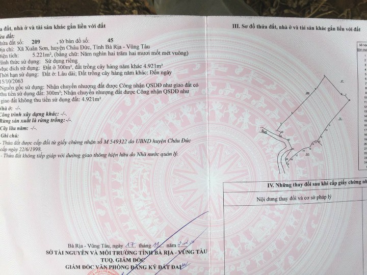 CẦN BÁN GẤP LÔ ĐẤT TẠI XÃ XUÂN SƠN - HUYỆN CHÂU ĐỨC - TỈNH BÀ RỊA - VŨNG TÀU 11450721
