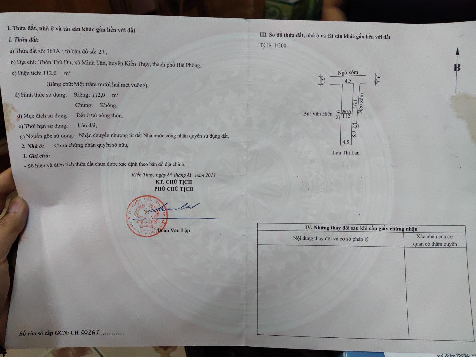 BÁN NHANH LÔ ĐẤT DT 112M2 - THÔN THÙ DU, XÃ MINH TÂN, KIẾN THỤY, HẢI PHÒNG. LH: 0931528893 11550013