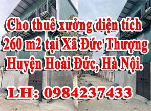Cho thuê xưởng diện tích 260 m2 tại Xã Đức Thượng, Huyện Hoài Đức, Hà Nội. 12267761