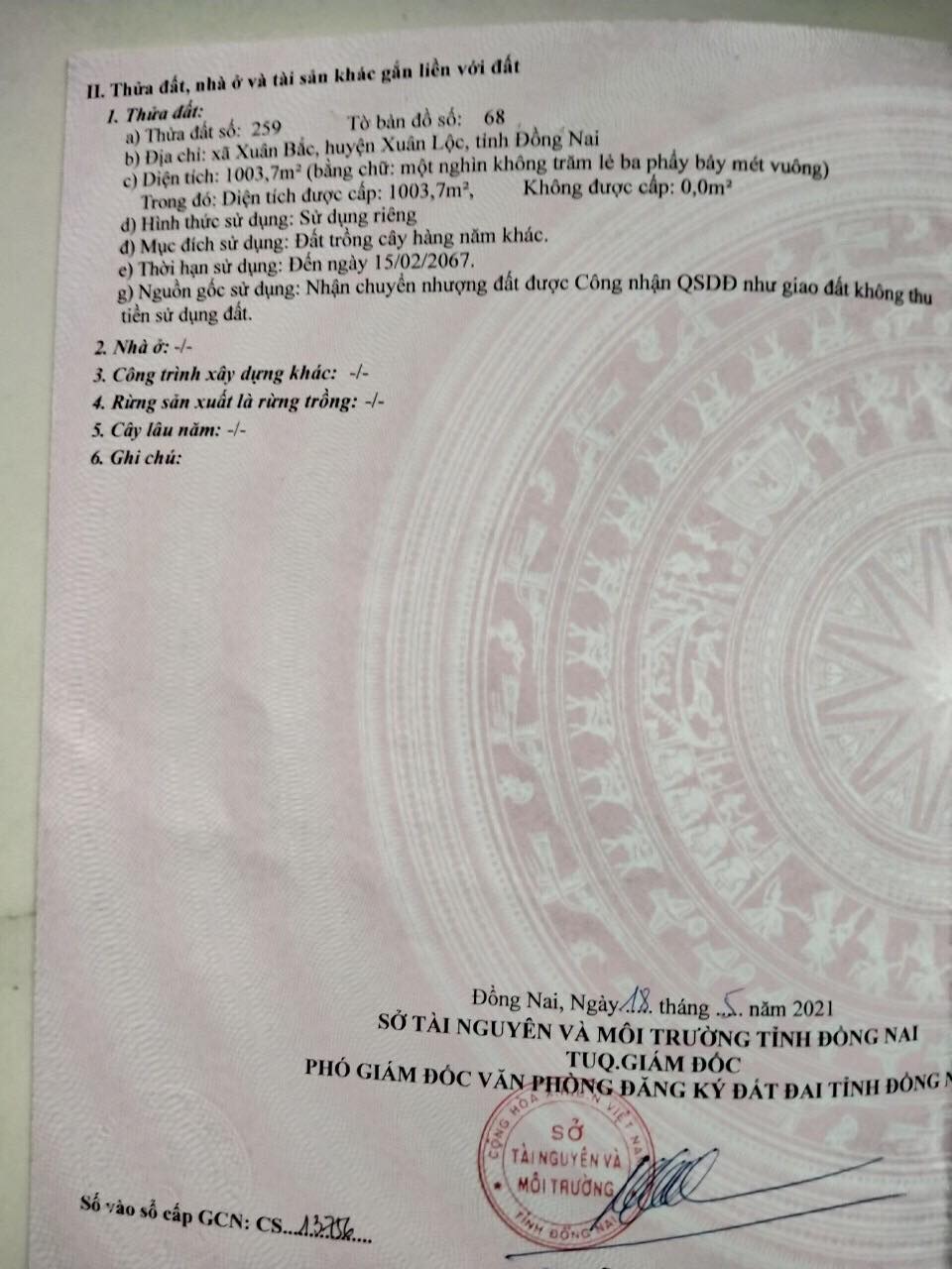 1.3 tỷ chốt 1.1 tỷ (24x43m) 1003.7m2  đất vườn 2 mặt tiền xuân bắc- xuân lộc- đồng nai 12353052