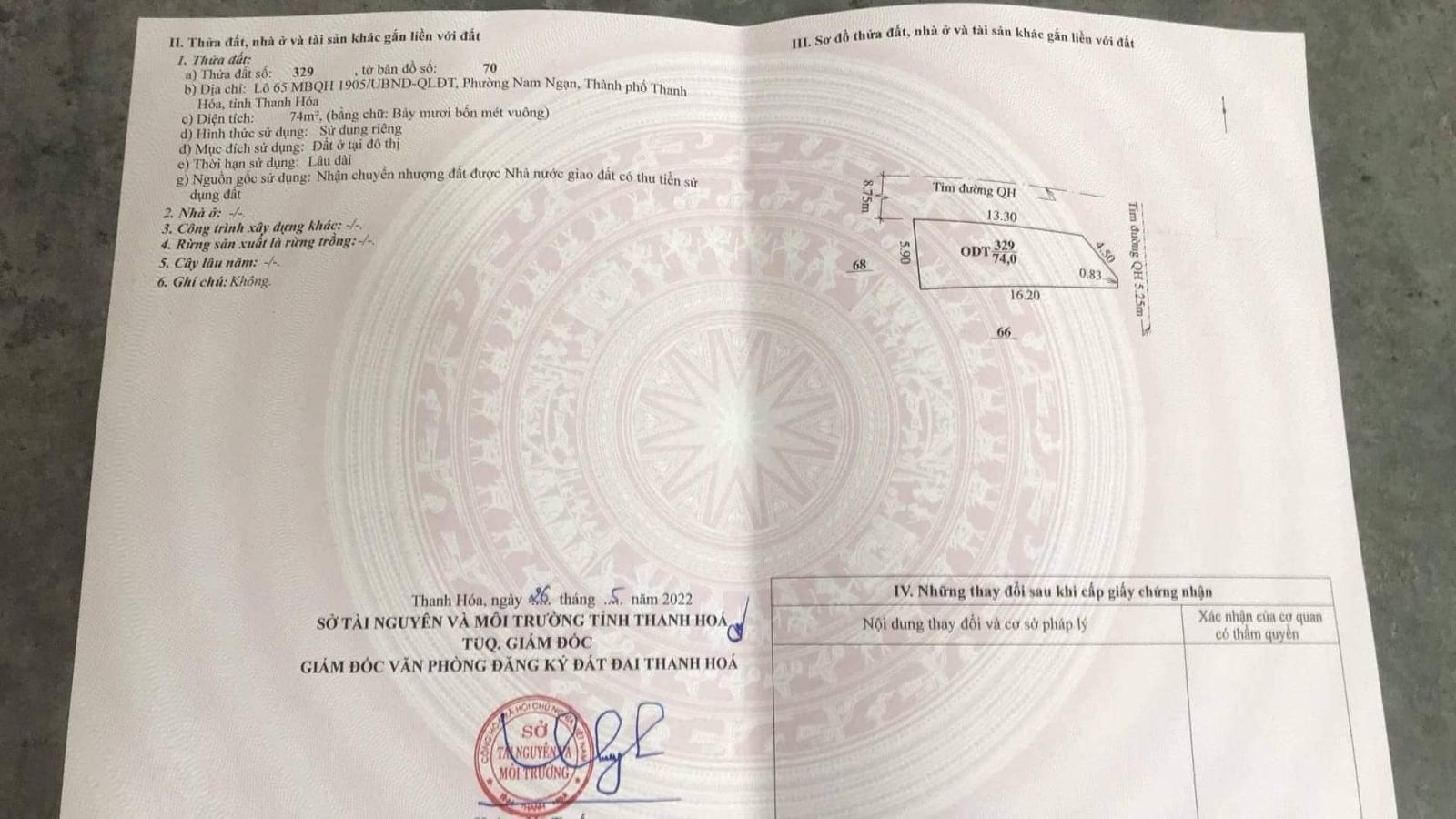 CHÍNH CHỦ CẦN BÁN GẤP 74M2 ĐẤT TẠI PHƯỜNG NAM NGẠN, THÀNH PHỐ THANH HÓA, TỈNH THANH HÓA 12783103