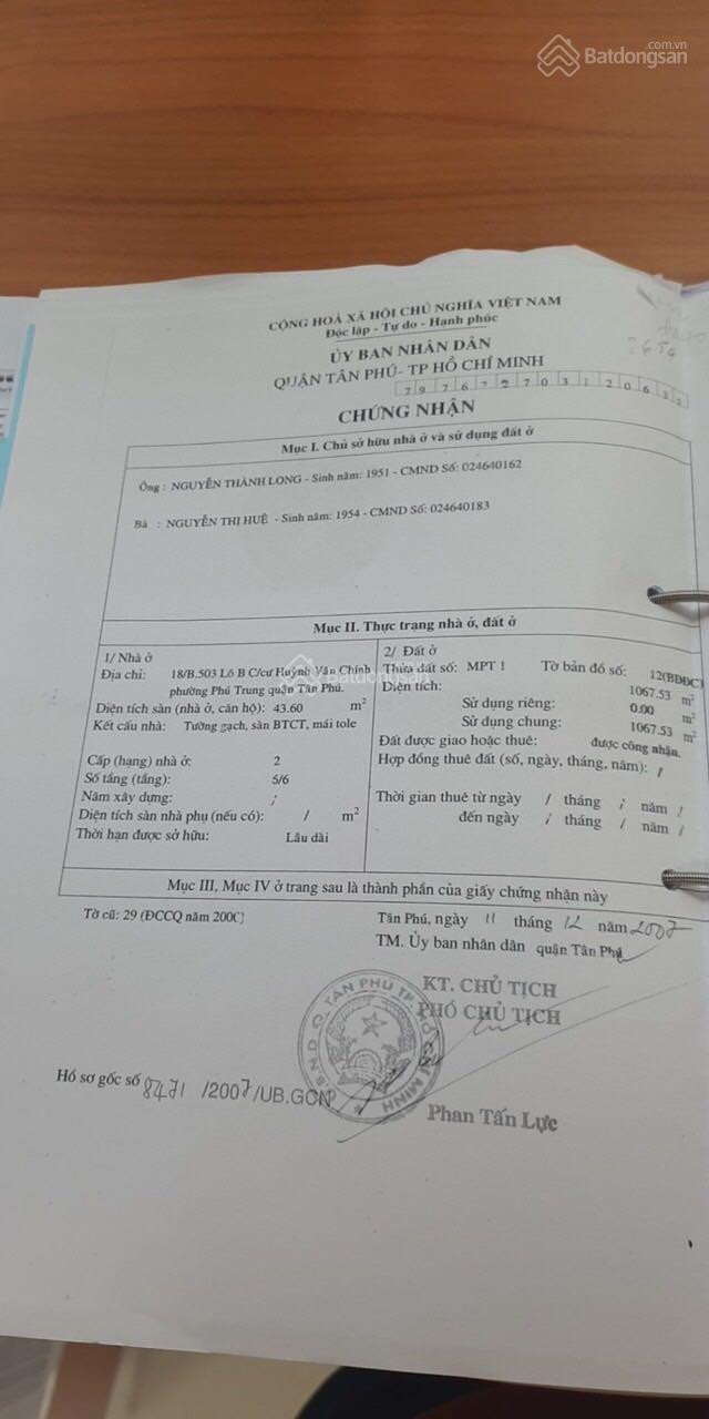 Chính chủ cần bán căn hộ chung cư Huỳnh Văn Chính 1 (Âu Cơ - Khuông Việt). 13329669