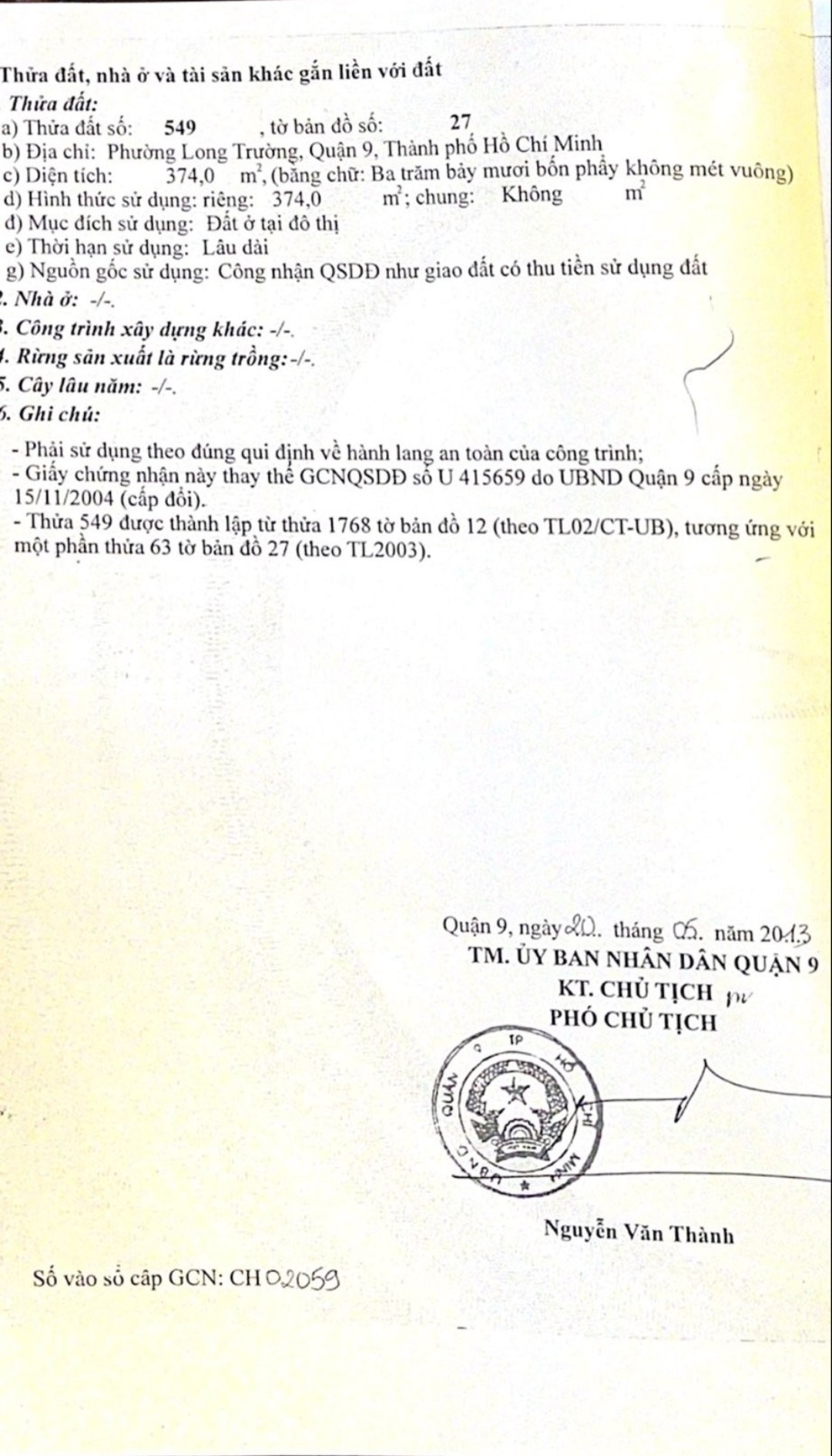 Bán đất việt nhân đường số 1 gần chợ long trường Q.9 (374m2) 21 triệu/m2 tel. 0918 481 296 13602485
