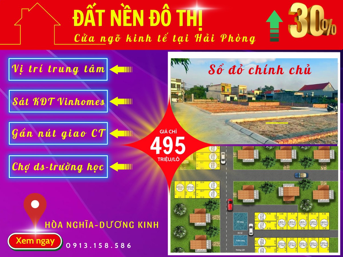 Bán nhanh lô đất sổ đỏ giá chỉ 495tr/lô nằm ngay mặt trục phố quận Dương Kinh HP 13982730