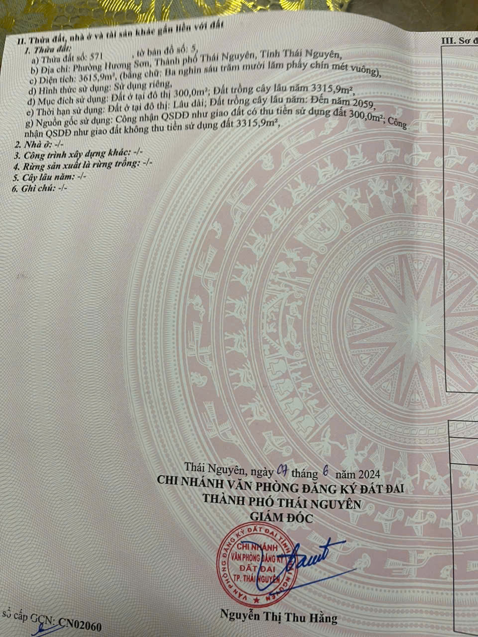 BÁN MẢNH ĐẤT DIỆN TÍCH LỚN – PHƯỜNG GIA SÀNG – TP THÁI NGUYÊN 15975348