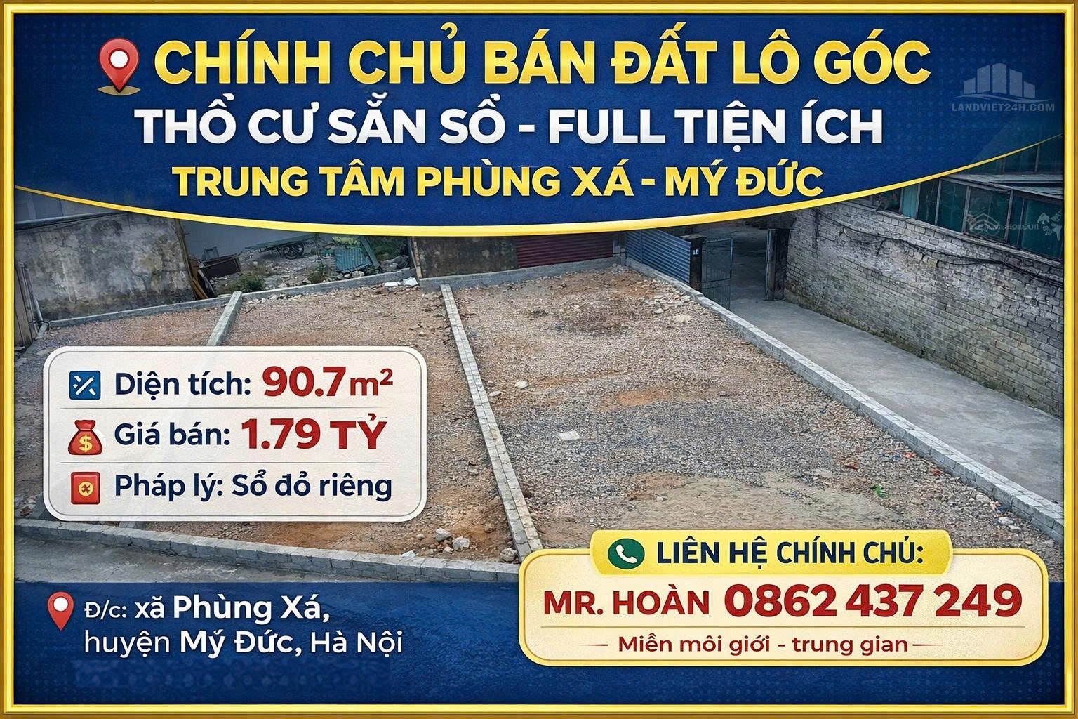 CHÍNH CHỦ BÁN ĐẤT LÔ GÓC THỔ CƯ SẴN SỔ FULL TIỆN ÍCH TRUNG TÂM PHÙNG XÁ-MỸ ĐỨC 15975410