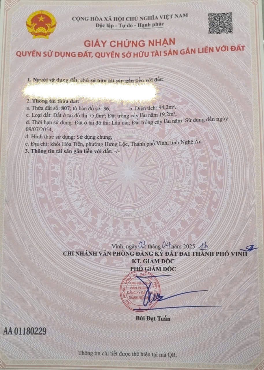 ĐẤT CHÍNH CHỦ - GIÁ TỐT  - CẦN BÁN LÔ ĐẤT  TẠI Khối Hoà Tiến, phường Hưng Lộc, TP. Vinh, nghệ An 15976005