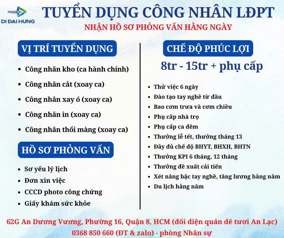 Công ty TNHH Di Đại Hưng chuyên sản xuất bao bì nhựa & nhựa gia dụng cần tuyển gấp nhiều vị trí 15976007