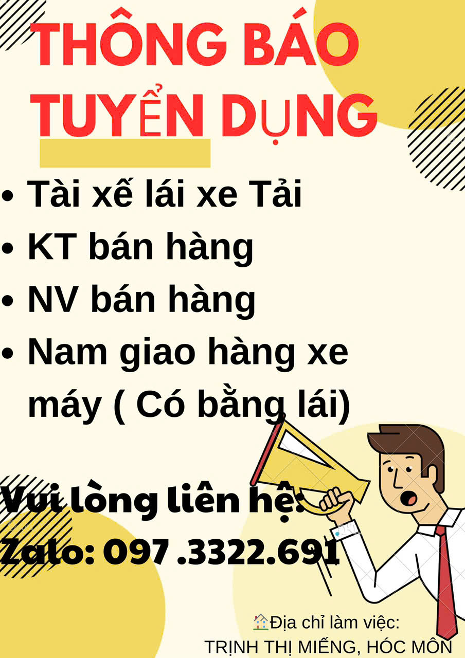 THÔNG BÁO TUYỂN DỤNG - TÀI XẾ LÁI XE TẢI - HUYỆN HÓC MÔN, TP HCM 15977932