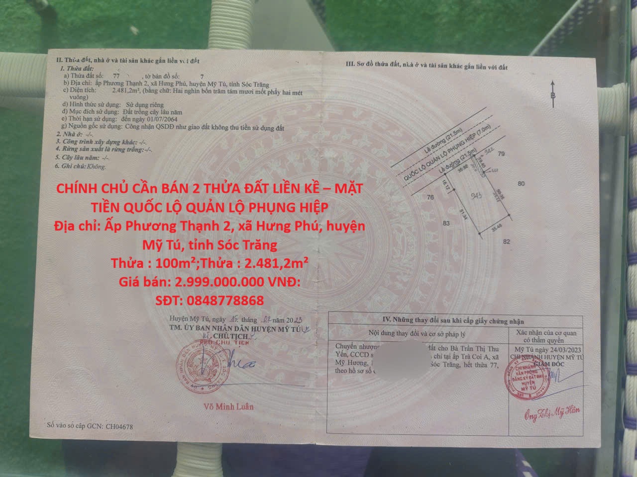 CHÍNH CHỦ CẦn BÁN 2 THỬA ĐẤT LIỀN KỀ – MẶT TIỀN QUỐC LỘ QUẢN LỘ PHỤNG HIỆP 15977957