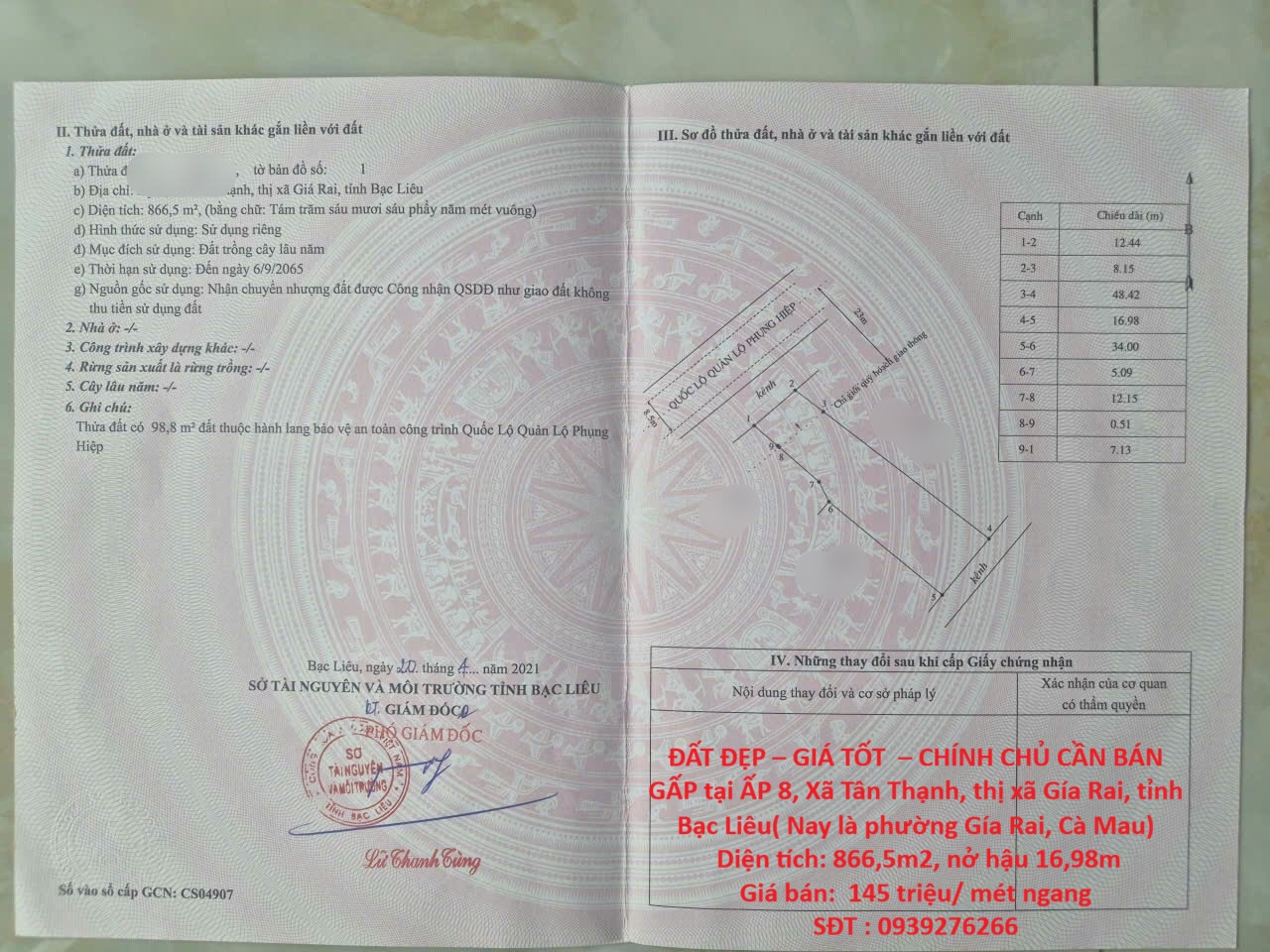 ĐẤT ĐẸP – GIÁ TỐT  – CHÍNH CHỦ CẦN BÁN GẤP tại  Xã Tân Thạnh, thị xã Gía Rai, tỉnh Bạc Liêu 15978911