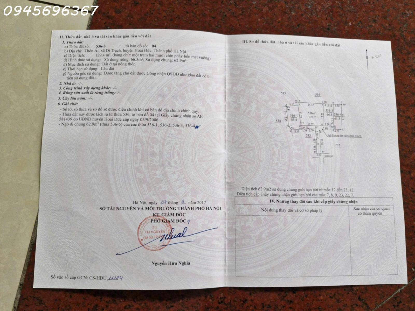 Chính chủ cần bán lô đất siêu đẹp Di Trạch, Huyện Hoài Đức, Hà Nội, DT 66,5m2, giá đầu tư 15980177