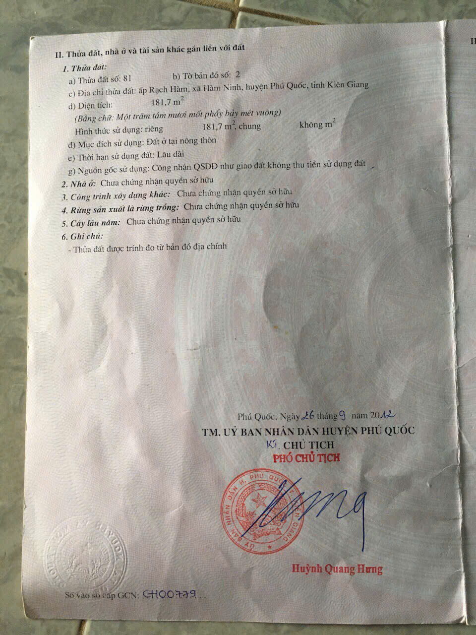 Chính chủ cần bán lô đất tại Ấp Rạch Hàm - Hàm Ninh - Phú Quốc - Kiên Giang 15981418
