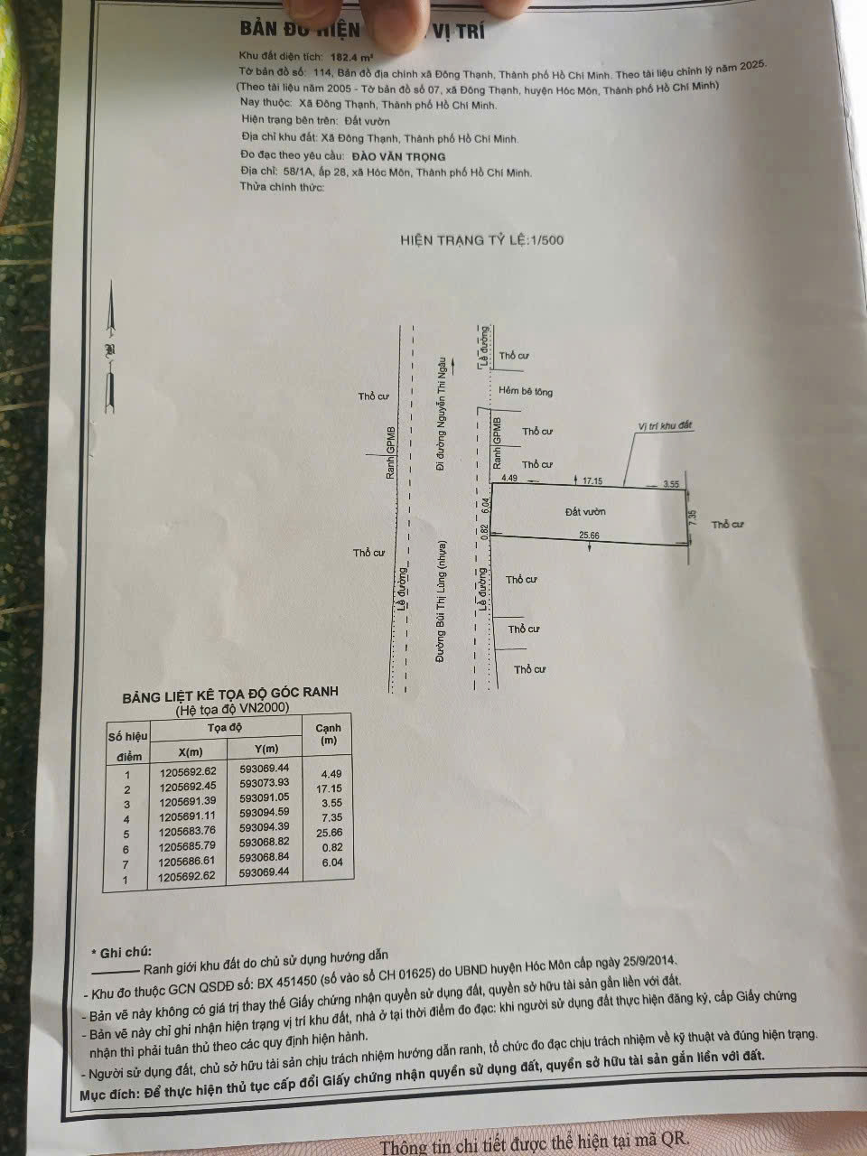 ĐẤT (7X26) MẶT TIỀN BÙI THỊ LÙNG – NGANG 7M – GẦN NGUYỄN THỊ NGÂU, HM 15981888