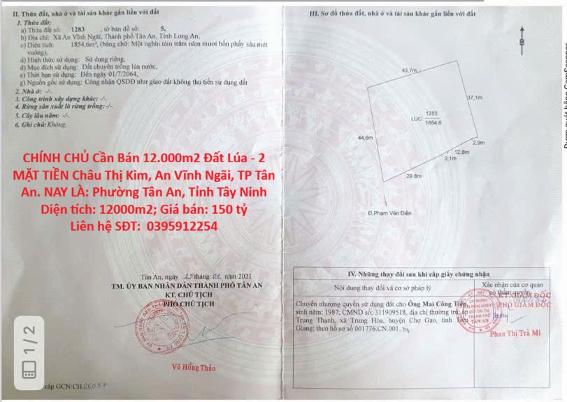 CHÍNH CHỦ Cần Bán 12.000m2 Đất Lúa - 2 MẶT TIỀN Châu Thị Kim, An Vĩnh Ngãi, TP Tân An 15982658