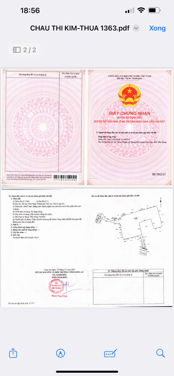 CHÍNH CHỦ Cần Bán 12.000m2 Đất Lúa - 2 MẶT TIỀN Châu Thị Kim, An Vĩnh Ngãi, TP Tân An 15982658