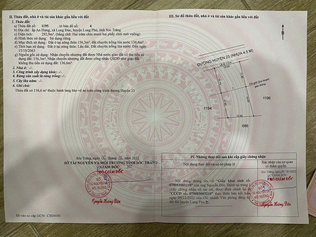 ĐẤT ĐẸP – GIÁ TỐT  – CHÍNH CHỦ CẦN BÁN GẤP tại  Xã Long Đức, Huyện Long Phú, Sóc Trăng 15983639