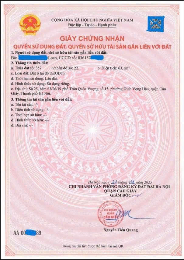 CC bán đất, tặng nhà, 2 thoáng, ngõ 63 Trần Quốc Vượng, Dịch Vọng Hậu, gần Sun Feliza Suites 15984079